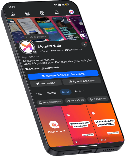 Page Facebook de Morphik Web affichée sur mobile, vue inclinée