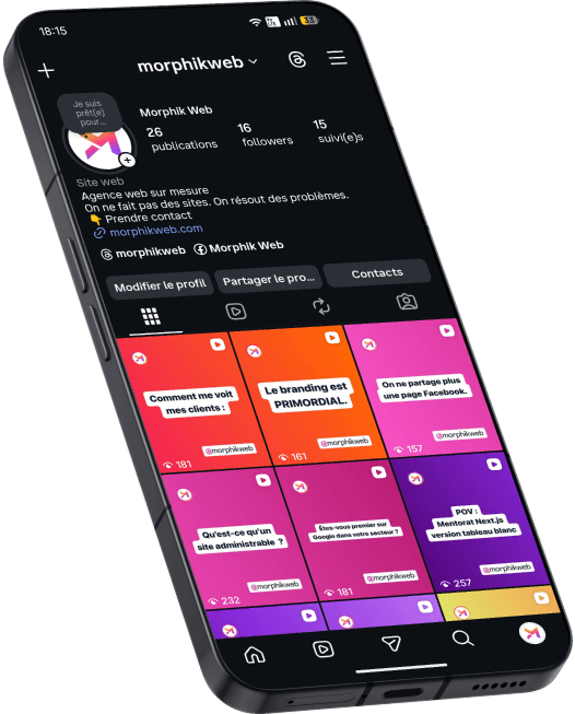 Page Instagram de Morphik Web affichée sur mobile, vue inclinée