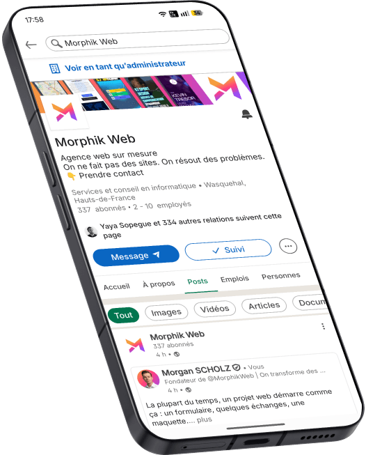 Page LinkedIn Business de Morphik Web affichée sur mobile, vue inclinée