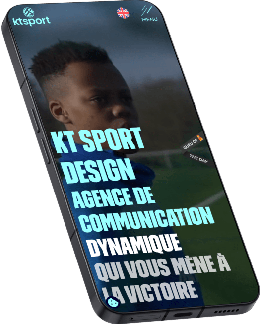Page d’accueil du site web de l’agence de communication KT Sport Design affichée sur mobile, vue inclinée