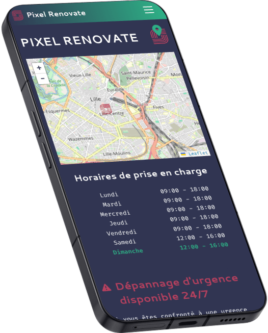 Page d’accueil du site vitrine de Pixel Renovate affichée sur mobile, vue inclinée