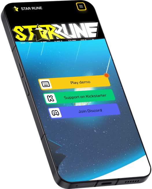 Page d’accueil de la landing page Kickstarter Star Rune affichée sur mobile, vue inclinée