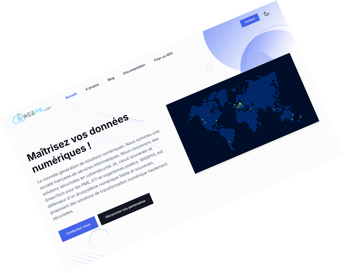 Page d’accueil du site business WebPHL affichée sur ordinateur, vue inclinée