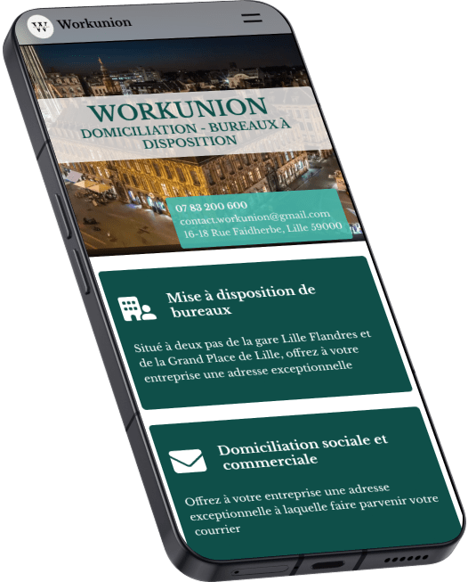 Page d’accueil du site de réservation d’espaces de coworking Workunion affichée sur mobile, vue inclinée