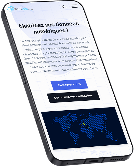 Page d’accueil du site business WebPHL affichée sur mobile, vue inclinée