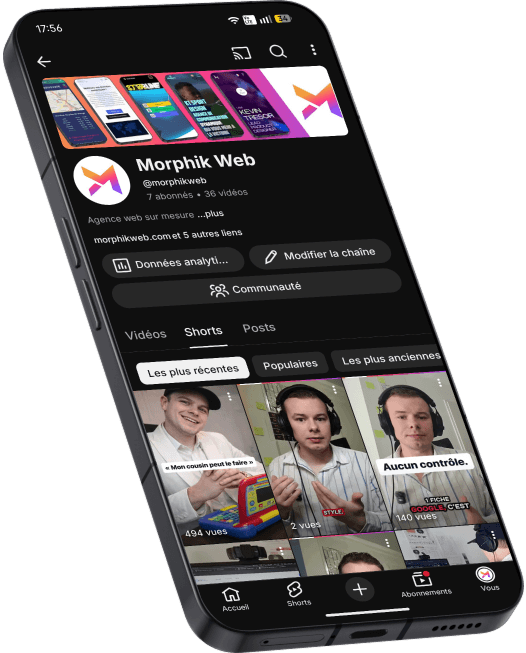 Page YouTube de Morphik Web affichée sur mobile, vue inclinée
